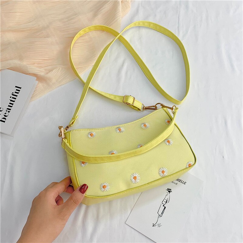 Realer-sac à main brodé à fleurs pour femmes, sacoche à bandoulière, fourre-tout , sacoche sous le bras, décontracté: Jaune