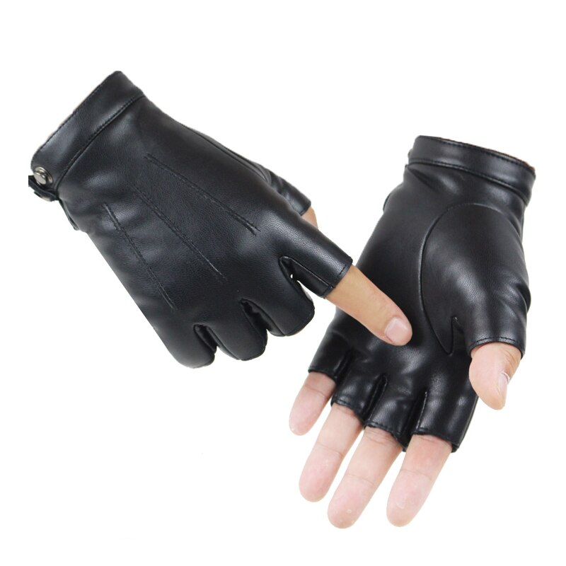 Guantes sin dedos de cuero sintético para hombre y mujer, manoplas gruesas con botón, cálidas, de medio dedo, para conducir, color negro,