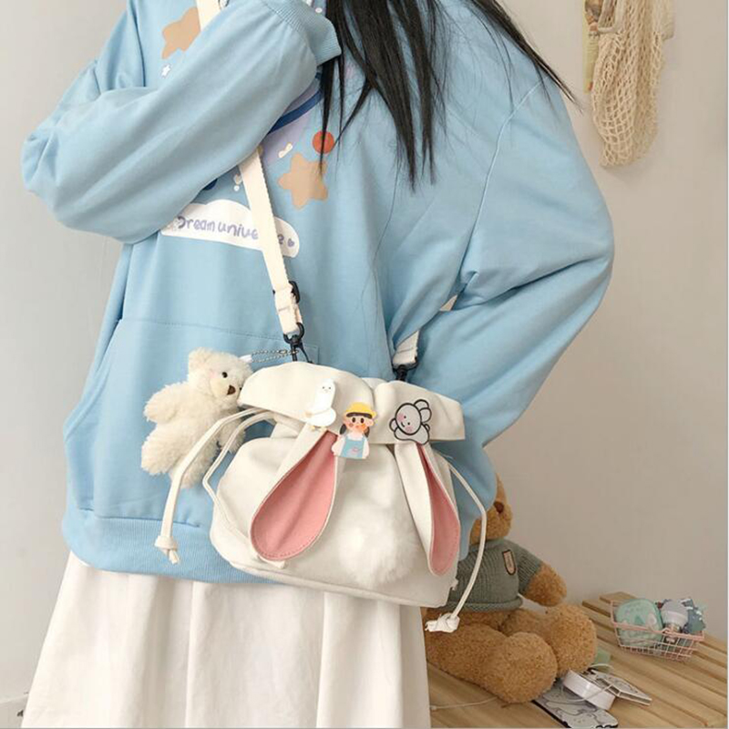 SchöNe Kaninchen Ohren Leinwand Tasche Lolita Mädchen Studenten Kordelzug Tasche Bote Taschen