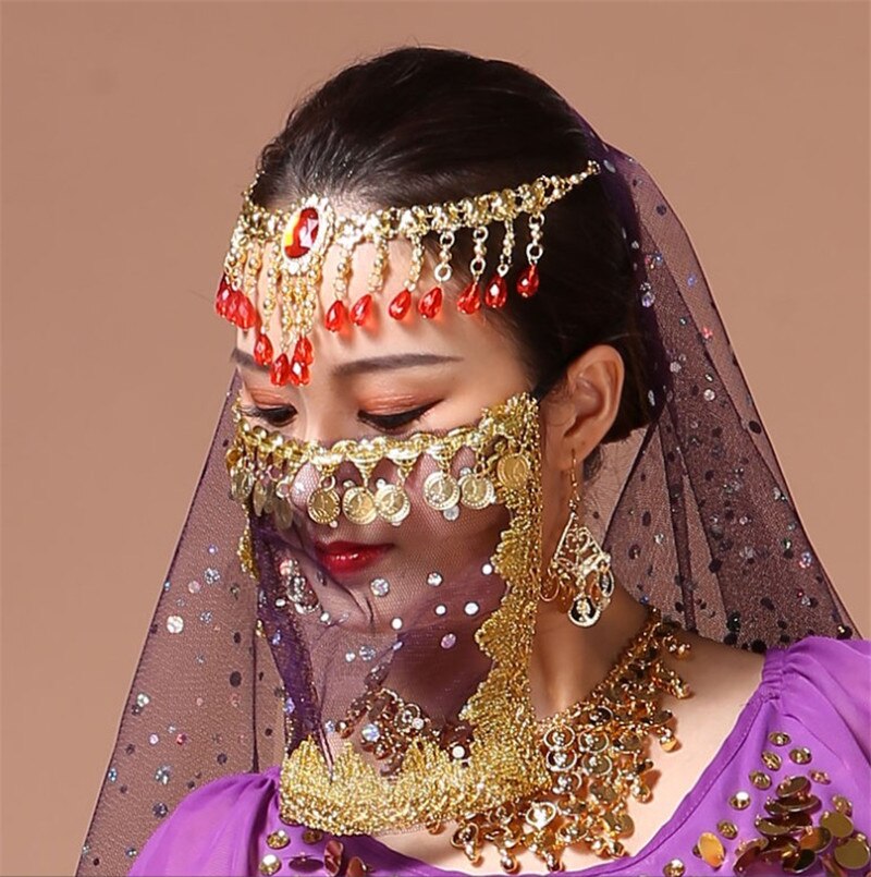 2pcs/pack Women's Belly Dance Tribal Face Veil Egyptian Mask Halloween Accessories Beautiful Sequin Tribal Dance Costume