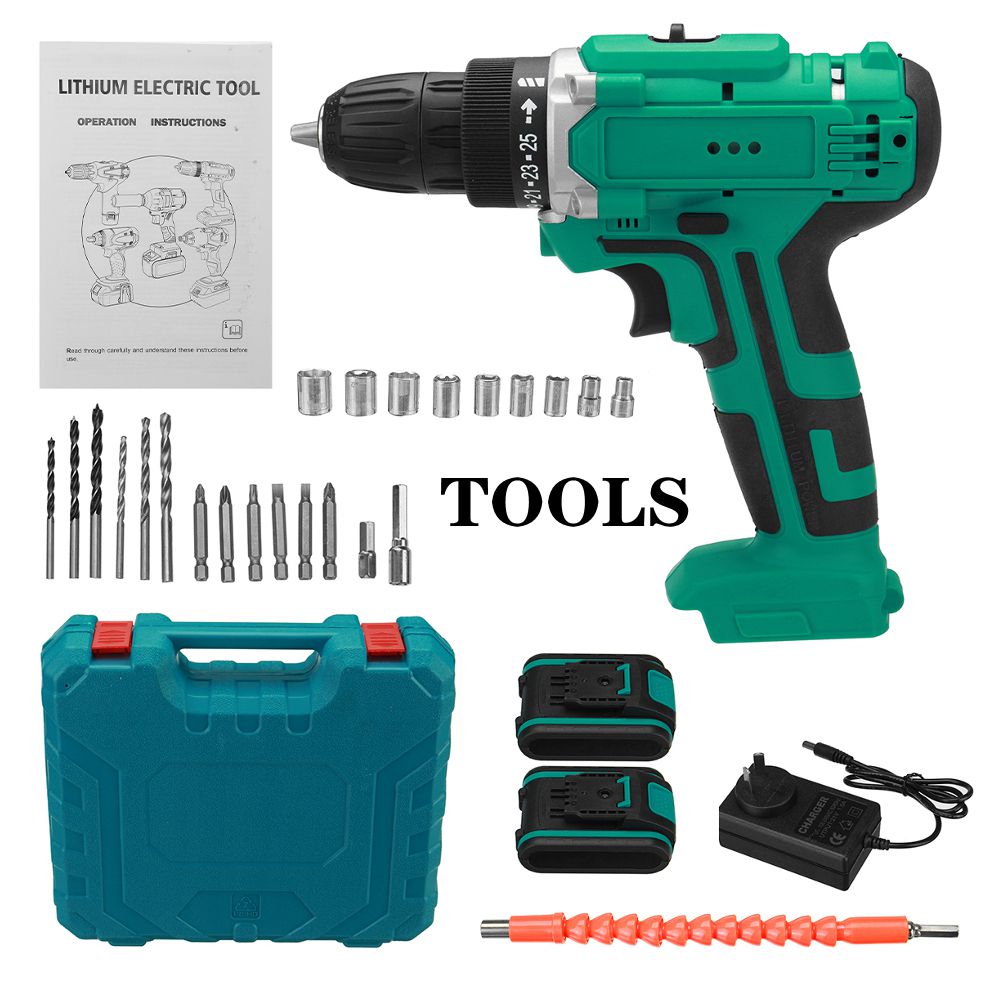 48V Cordless Electric Drill Screwdriver 2 Speed Wireless Power Driver Tools Set with Drill Accessories Box 2 x 6000MAH Battery