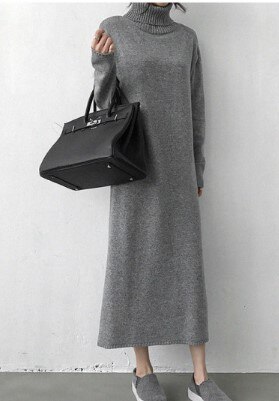 Rullekrave tyk strikning lang vinter sort sweater kjole kvinder strikket lang kjole kvindelig løs pige kjole oversize vestidos: Grå