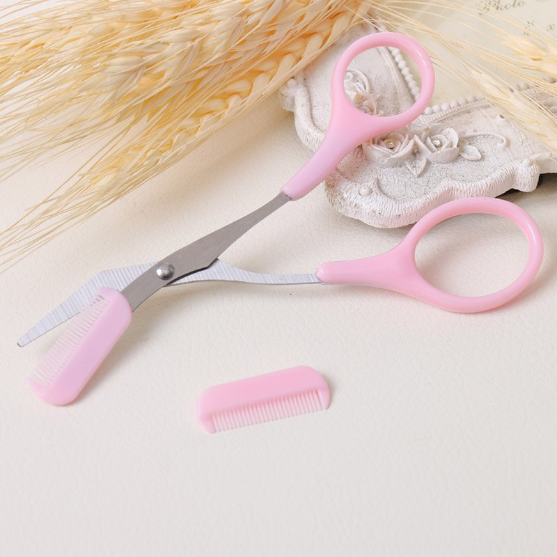 Maquillaje Rosa inoxidable cejas recortador tijeras peine depilación tijeras aseo herramienta cosmética peinar pestañas