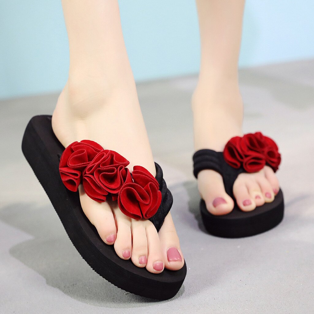 Pantoufles d'été en plein air femmes bohême fleur pince orteil tongs compensées antidérapantes chaussures de plage sepatu wanita