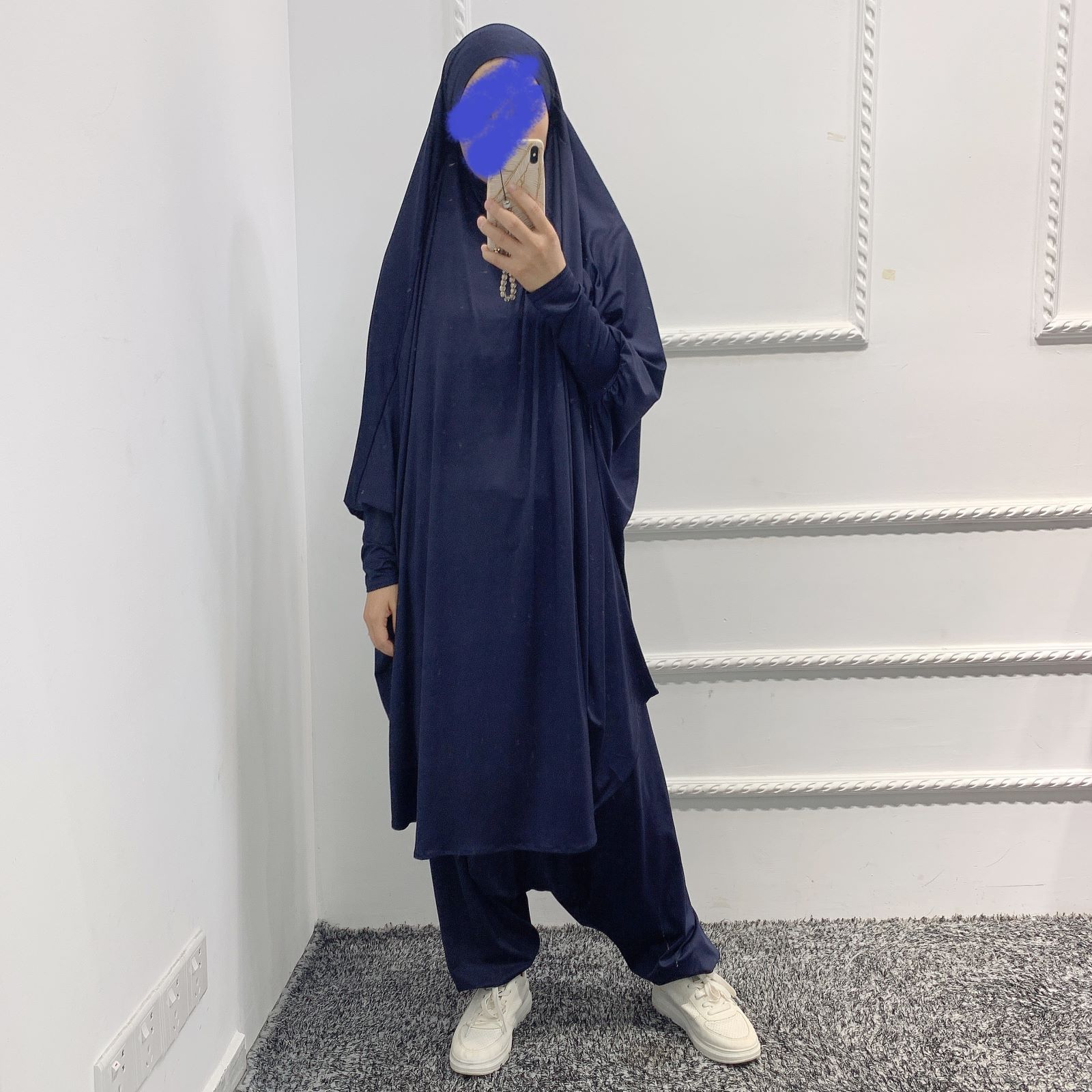 Muslim Macthing Outfit Dress Abaya 2pcs Set Women Jilbab Khimar Hijab Islamt Prayer djellaba femme Niqab Turkey Dubai Clothing: Dark Blue