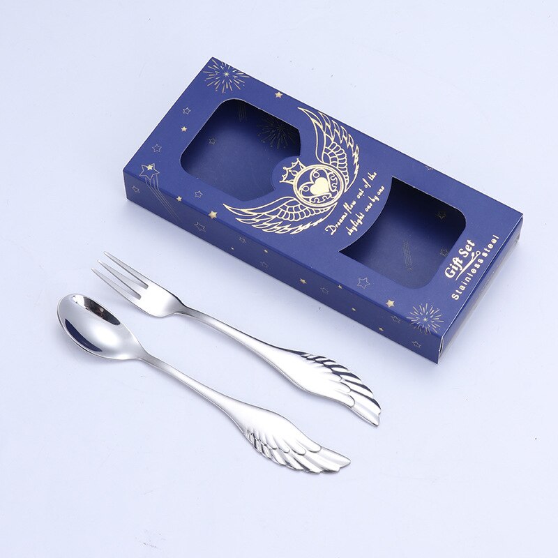 2 Pieces Dessert Spoon Fork 304 Stainless Steel Angel Wing Coffee Spoon Dessert Spoon Fruit Fork With Box: 01