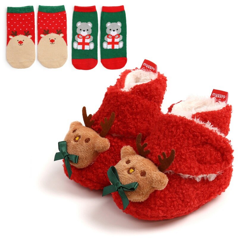 Bebê bonito primeiro andar sapatos menina menino macio anti-deslizamento sapatos natal cervos papai noel bonito sapatos de bebê + 2 headbands/2 meias terno: E / -M