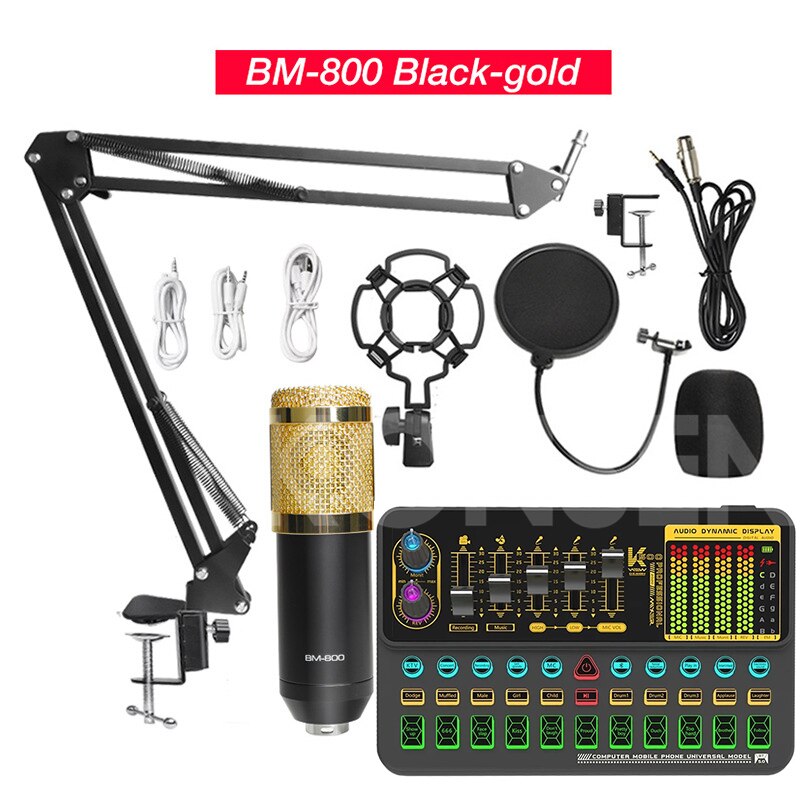 Condenser Microphone BM 800 Wireless Bluetooth V10 PRO Sound Card for PC Computer Phone Karaoke Live Singing Gaming: Gold BM800 V10XPRO