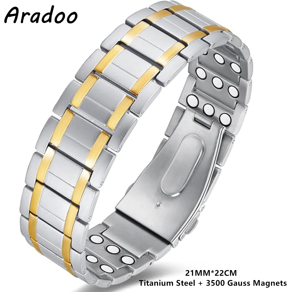ARADOO Pulseras de acero de titanio con 3 imanes de neodimio Ultra resistentes, pulsera de eslabones de terapia magnética de salud ajustable: Color marrón amarillo