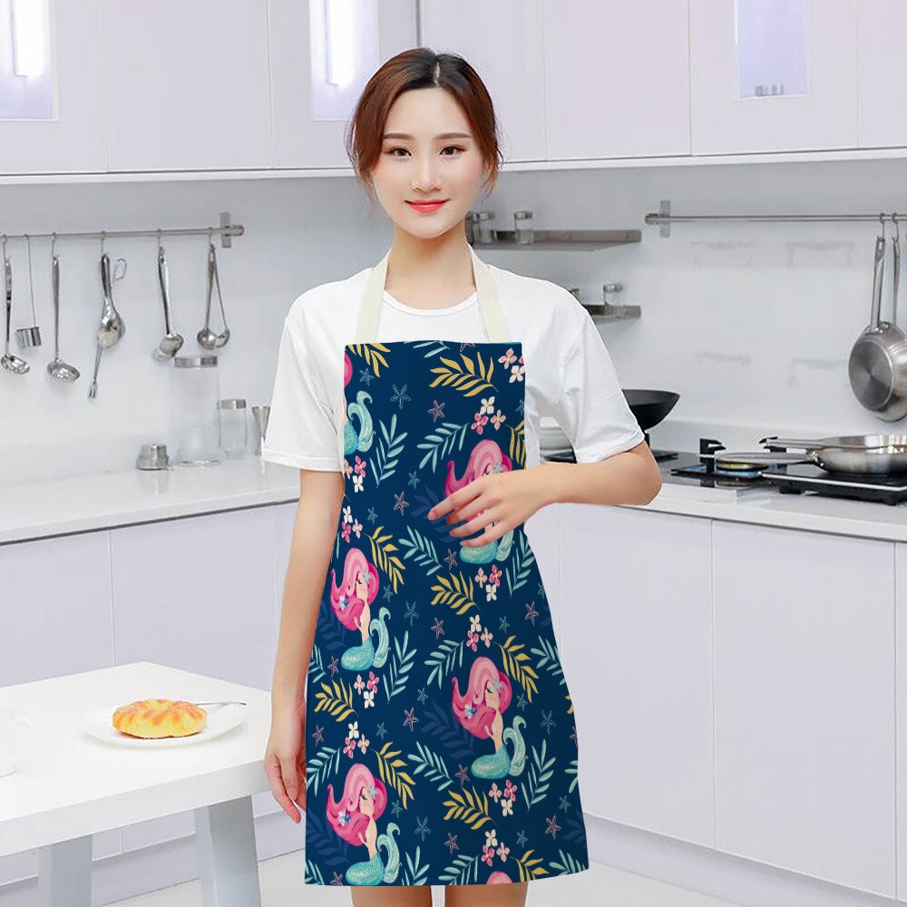 kid apron Kawaii Girl Mermaid Printed Sleeveless Aprons Kitchen Women Cotton Linen Pinafore Home Cooking Baking Waist Bib