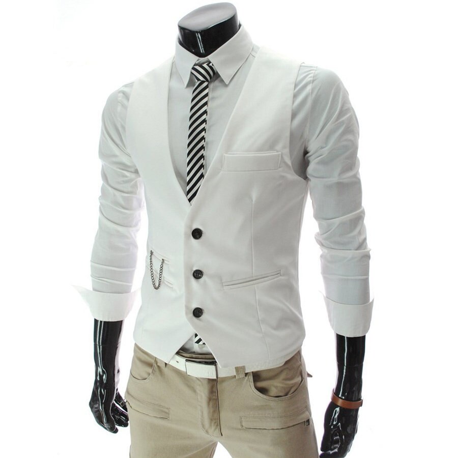 Mekkoliivit miehille slim fit miesten puku liivi miesten liivi gilet homme rento hihaton juhlatakki: Valkoinen / M