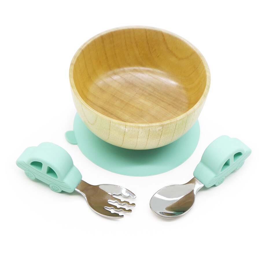 Baby matskål trä sugskål silikon sugkopp baby tallrik matsked gaffel barn porslin fat baby skål: Mint 3pc set
