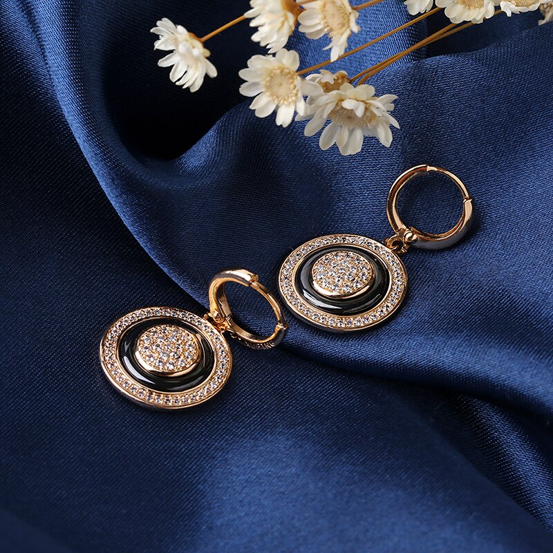 585 Rose Gold Ohrring setzt Für Frauen Elegante Schmuck Schwarz Keramik Ohrringe Mit Kristall Glänzende Hochzeit Engagement Party
