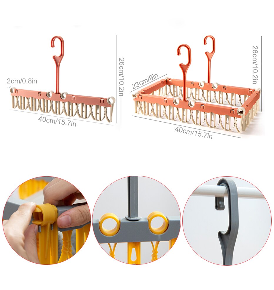 Foldable Clothes Drying Rack Laundry Hanging Rack Indoor Outdoor Clothes Socks Underwear Hanger with Clips