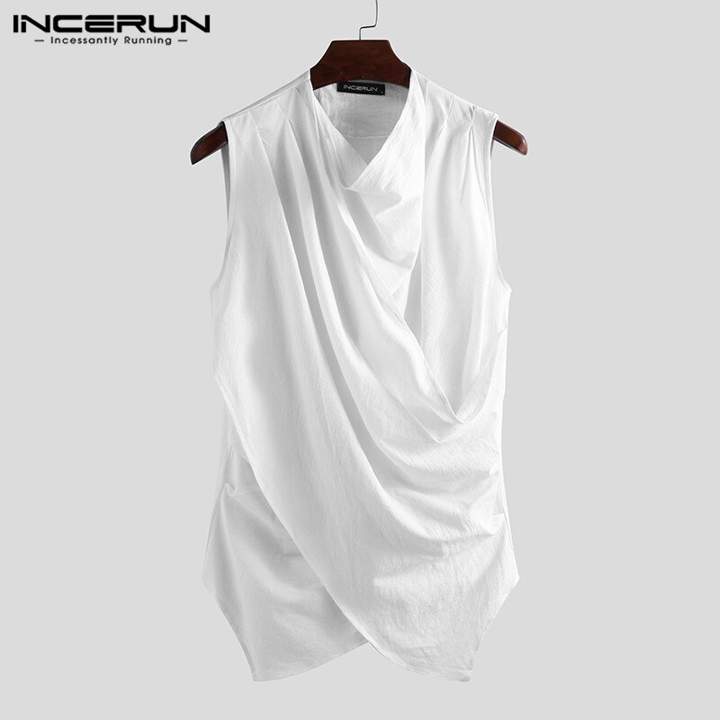 Mannen Mode Pure Kleur Crew Casual Tank Tops Retro Baggy Comfort Katoen Zomer Heren Mouwloos Onregelmatige Tops Streetwear Incerun: White / XXL