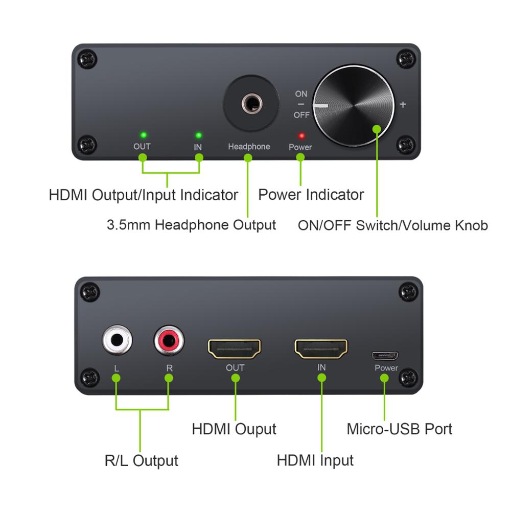 Esynic Hdmi Audio Extractor Met Volumeregeling Hdmi + Rca 3.5 Mm Stereo Converter Hoofdtelefoon Versterker Splitter Adapter 4K 3D