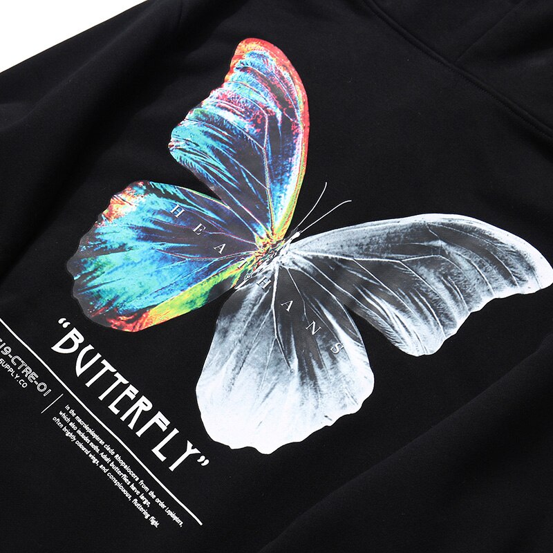 Men Hip Hop Sweatshirt Hoodie Color Butterfly Streetwear Harajuku Pullover Hoodie Cotton Fleece Winter Autumn Black Hoodie