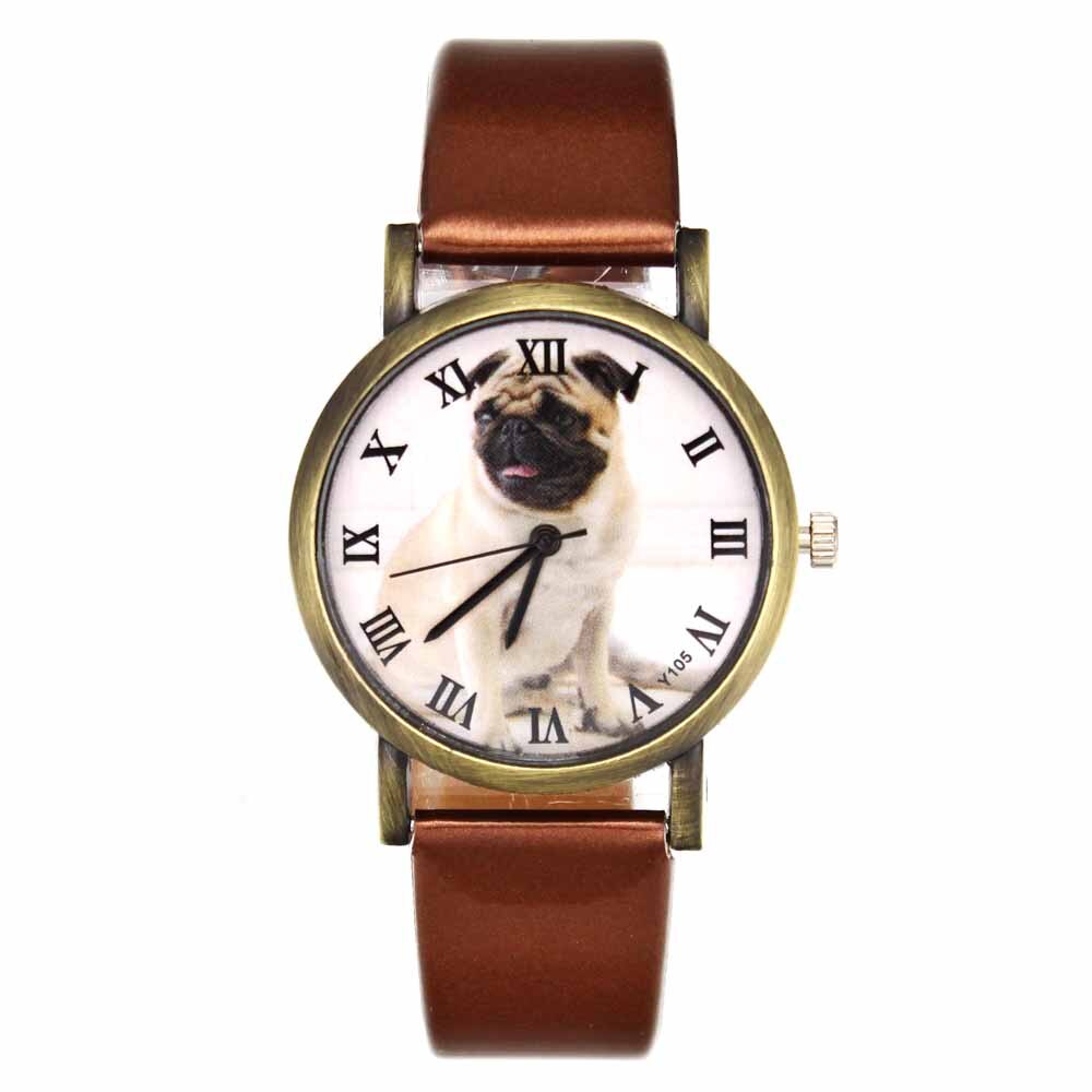 Mops Haustier Hund PU Leder Band Uhren männer frauen lässig Silikon Band Armbinde unisex Sport Quarz Handgelenk uhr: Braun