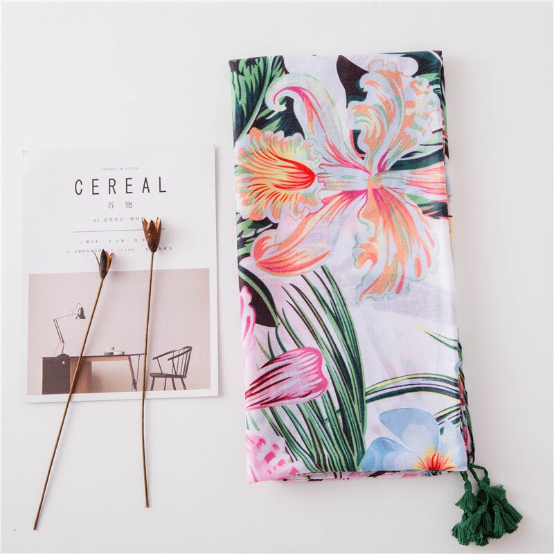 Écharpe de plage fleurie pour hiver | Foulard imprimé tropical, châle feuilles de coco, foulard en soie, écharpe de plage en viscose pour femmes
