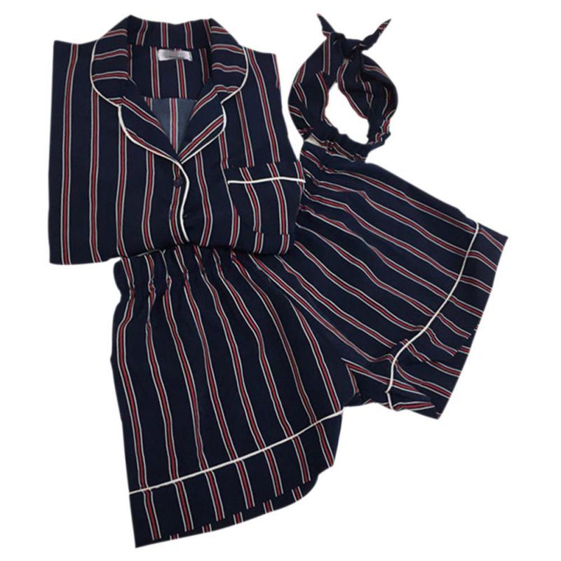 Summer Women Pajamas Turn-down Collar Sleepwear 3 Piece Set Shirt+Shorts Striped+Headdress Casual Pajama Set pijama de mujer: Blue