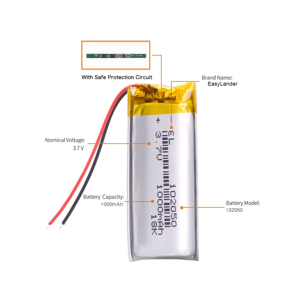 Batterie lithium-ion polymère 1000mah 3.7 V 102050, pour MP3 MP4 MP5 GPS KTV, batterie domestique, amplificateur audio, ordinateur, microphone