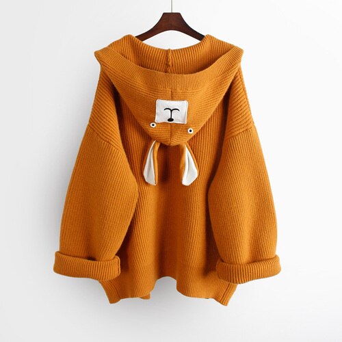 Neploe, suéter de punto con capucha para mujer, aplique de dibujos animados, abrigo de ropa de punto larga medio suelto, Otoño Invierno , punto abierto: ginger
