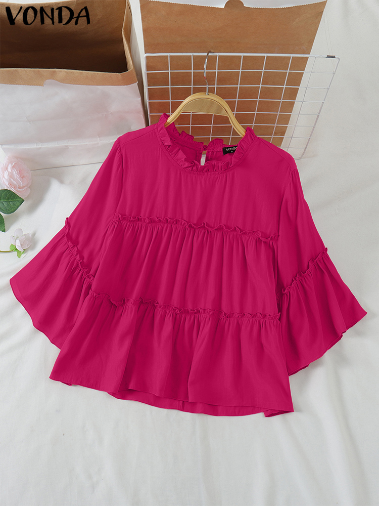 Vonda bohemiska toppar dam casual blus med utsvängda ärmar enfärgade volangskjortor elegant dam sommartunika oversize