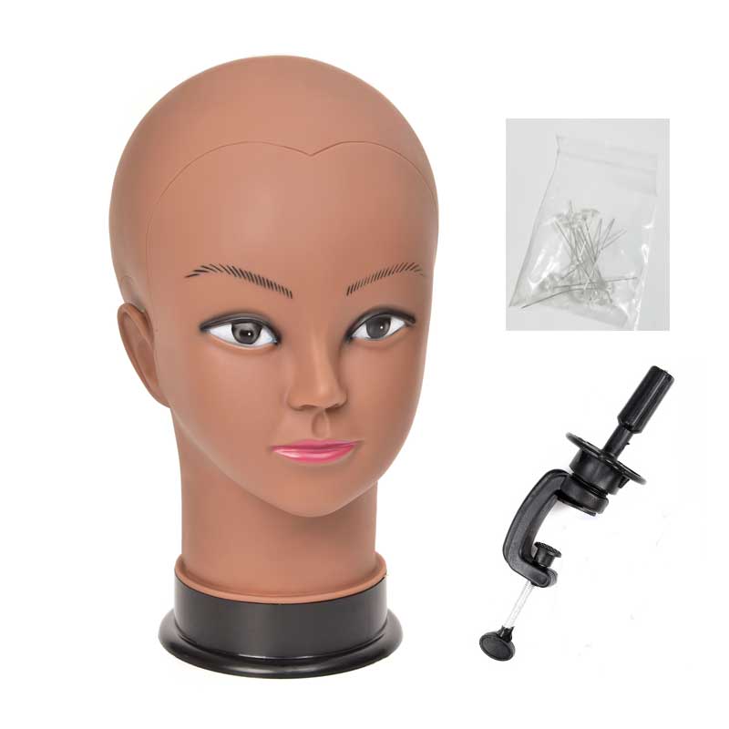 Tête de Mannequin chauve pour femme, 22 pouces, entraînement à la cosmétologie, coiffure et fabrication de perruques: brownheadwithstand