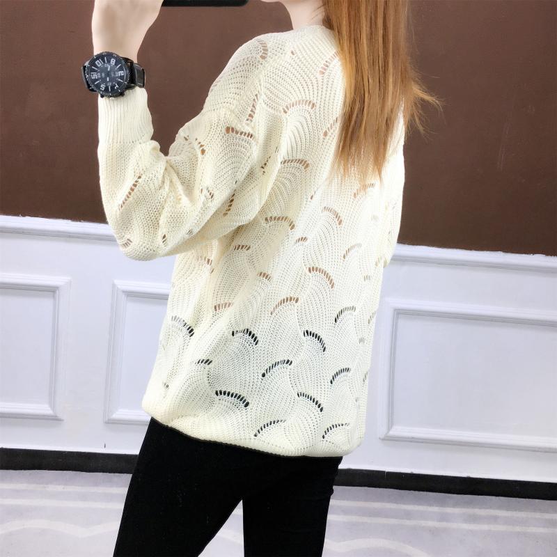 Suéter fino de verano para mujer, informal, liso, con agujeros, manga larga, cuello en v, prendas de punto sueltas, suéteres de punto