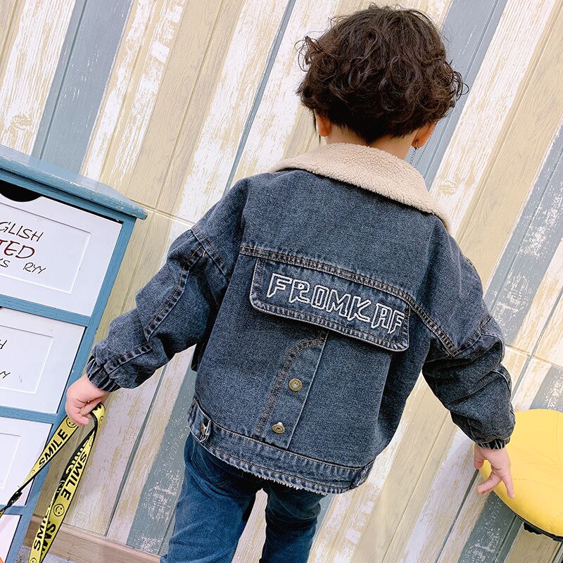 Jongens Dikke Denim Jasje Kraag Big Pocket Teddy Kasjmier Voering Jongens Herfst En Winter Kleding Peuter Winter Jas