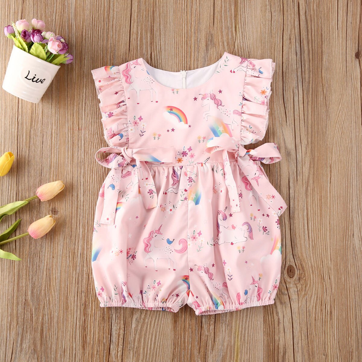 Sommer SchöNe Kleinkind Baby Mädchen Jungen Strampler Karikatur drucken Rüschen Kurzarm Rosa Overall