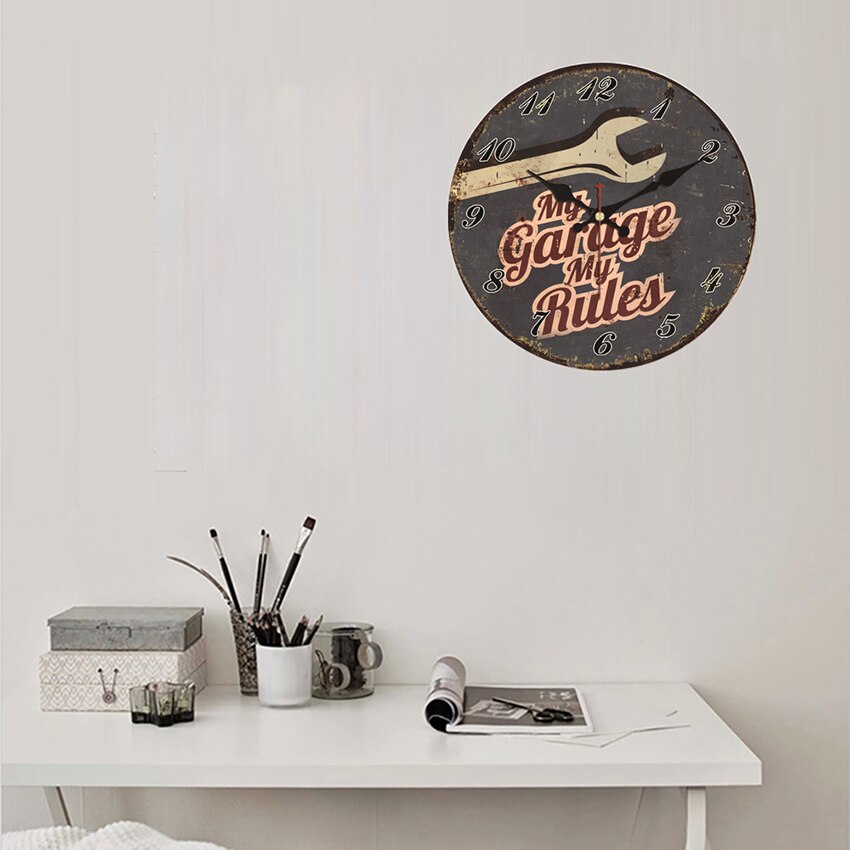 Zegary ścienne garażowe Vintage szary klucz Shabby My Garage moje zasady Spanner zegary ścienne garaż, domowe narzędzie biurowe ściana sklepowa Decor