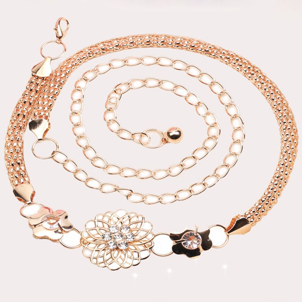 Clothes belt Women Lady Metal Chain Style Belt Body Hollow diamond flower waist chain belt Metal dress gold Belt Ceintur