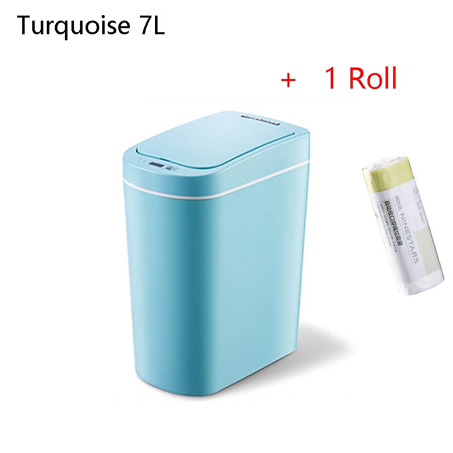 Ninestars slimme prullenbak met bewegingssensor, automatische afdichting, led-inductiedeksel, 7l asbakken, ipx 3 waterdicht: Turquoise en 1 rol