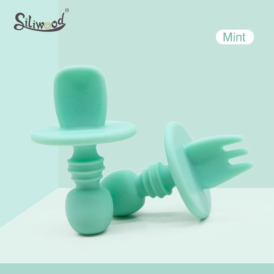 Kind Voeden Baby Bestek Houten Silicone Baby Veilig Voeden Zuigelingenvoeding Accessoires Cartoon Babyvoeding Lepel Vork: 2pc Mint set