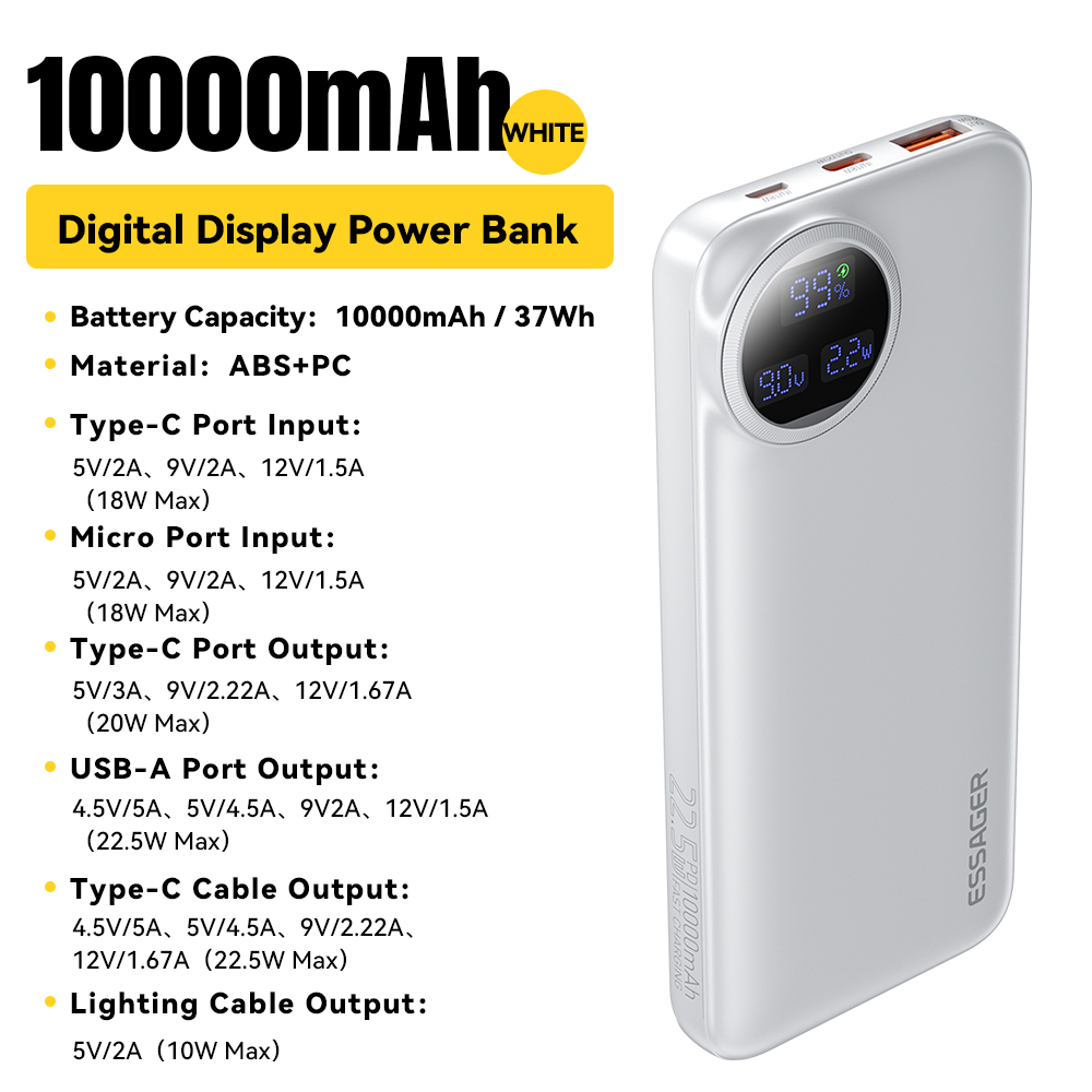 Essager 20000mAh banco de energía portátil con 2 Cables 22,5 W pantalla Digital Powerbank para iPhone 15 14 Samsung Huawei Power Bank: Negro