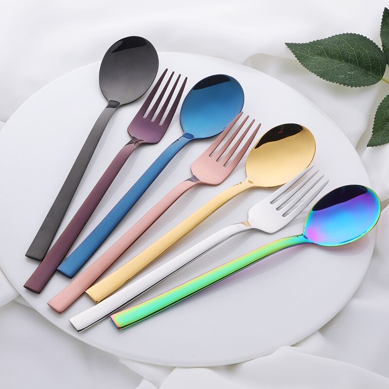 2PC Korean Spoon and Fork Set Stainless Steel Soup Spoon Blue Dinnerware With Long Handle Metal Gold Spoon And Fork