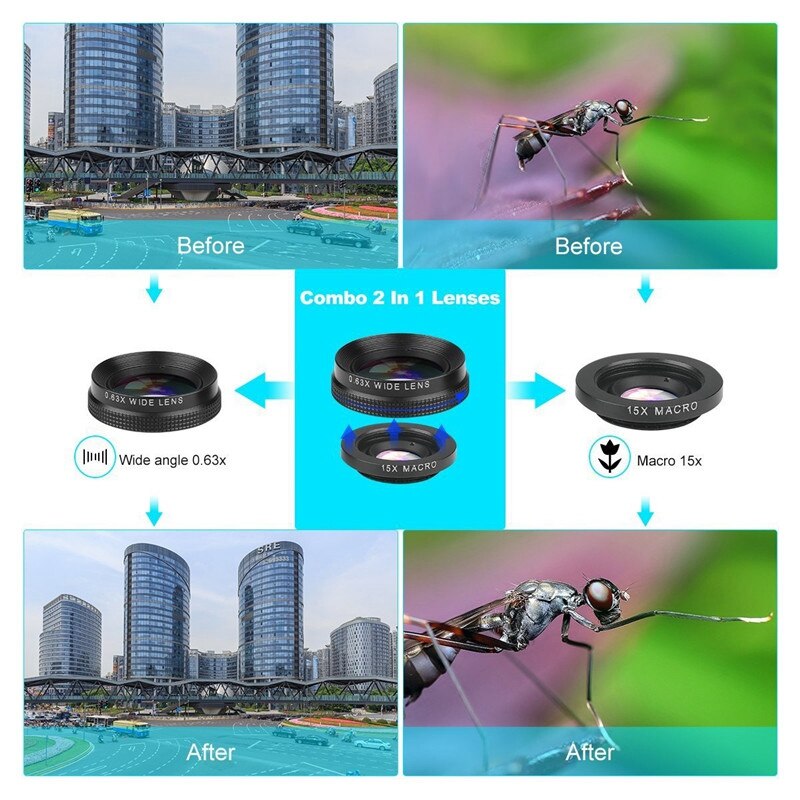 4 en 1 lente de teléfono 0.63X gran angular Macro ojo de pez teleobjetivo Zoom lente para Samsung S8 S9 Plus Kit de lente de cámara de teléfono