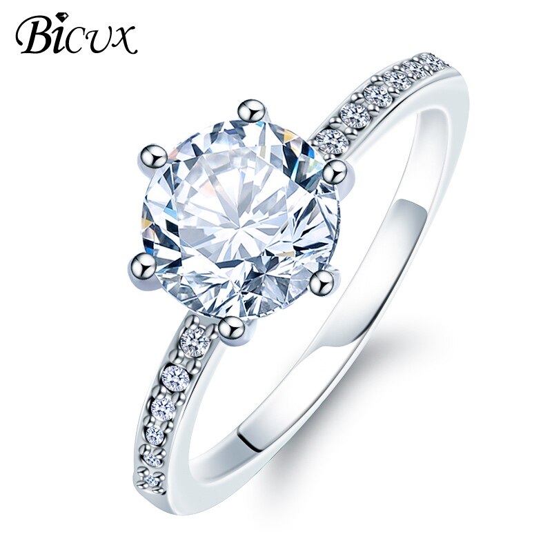 BICUX Klassische Engagement Ring 6 Claws AAA Weiß Cubic Zirkon Weibliche Frauen Hochzeit Band Ringe Schmuck: 7 / Silver 1