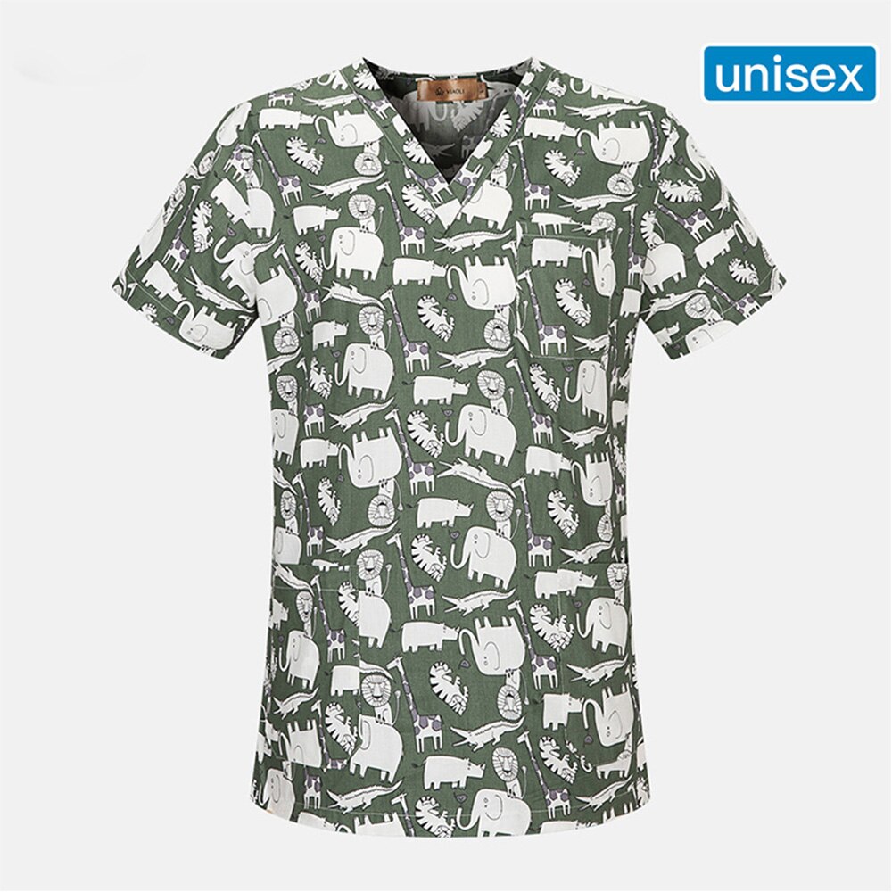 Unisex ren bomuld print komfortabel åndbar spa uniform scrub arbejdstøj top + justerbar tegneserie print scrub cap