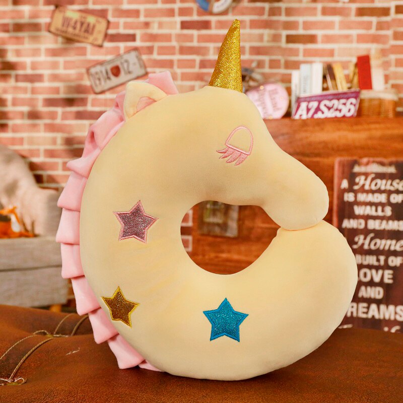 Adorable licorne tête en peluche oreiller flou doux en peluche Animal décor oreiller enfants lit lit jeter oreiller: Yellow U Shaped