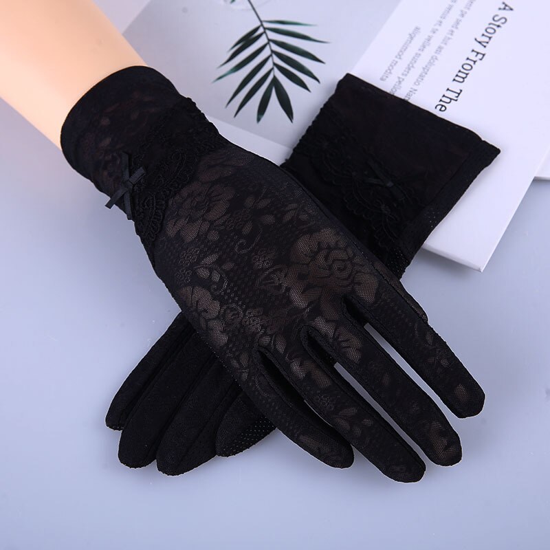Vrouwen Zomer Boog-Knoop Outdoor Touchscreen Vinger Handschoenen Ijs Zijde Kant Zonnebrandcrème Anti-Slip Rijden Handschoenen: Black