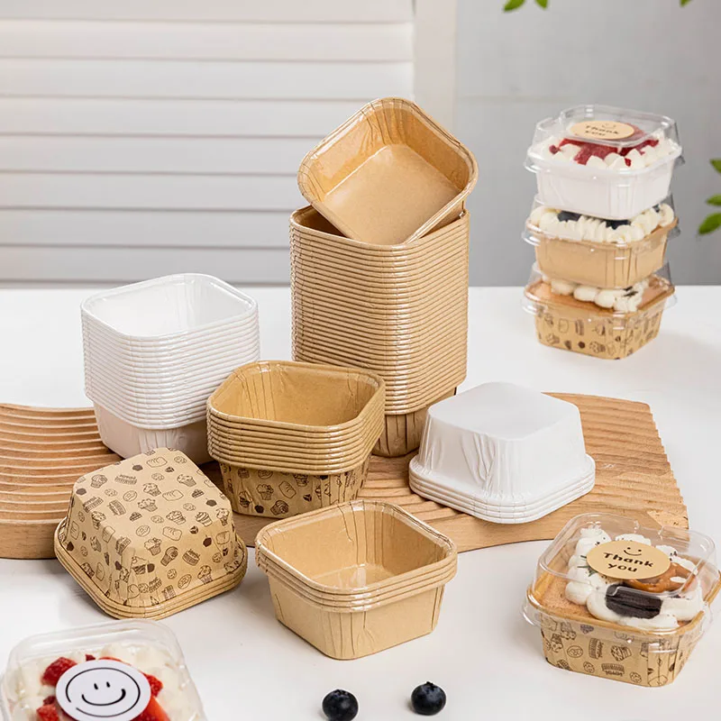 50pcs Square Cake Paper Holders Bread Dessert Pastry Packaging Boxes Disposable Oil Proof Paper Cups Cake Tools Kitchen Supplies