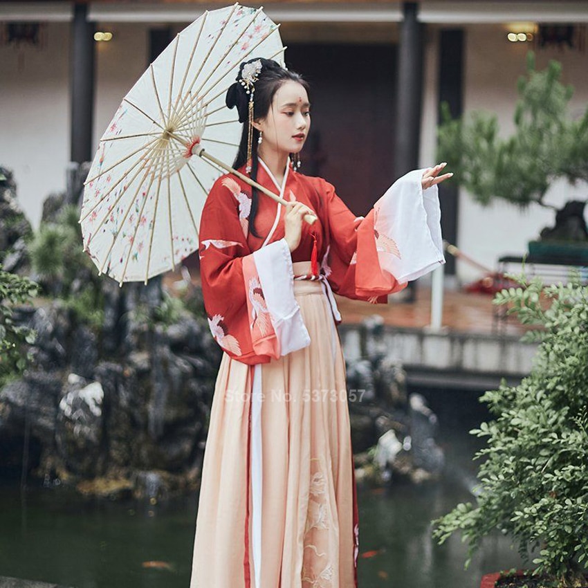 Vestido de danza folclórica del Festival de ropa tradicional china Hanfu para las mujeres niñas Retro de la vendimia de la grúa de hadas bordado de gasa conjunto rojo