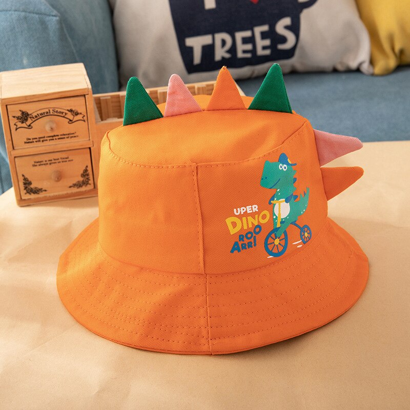 Sombrero de cubo de bebé de dinosaurio de dibujos animados, sombrero de Sol para bebé, niño y niña, sombrero de pescador para niño pequeño, gorra para niño: Orange