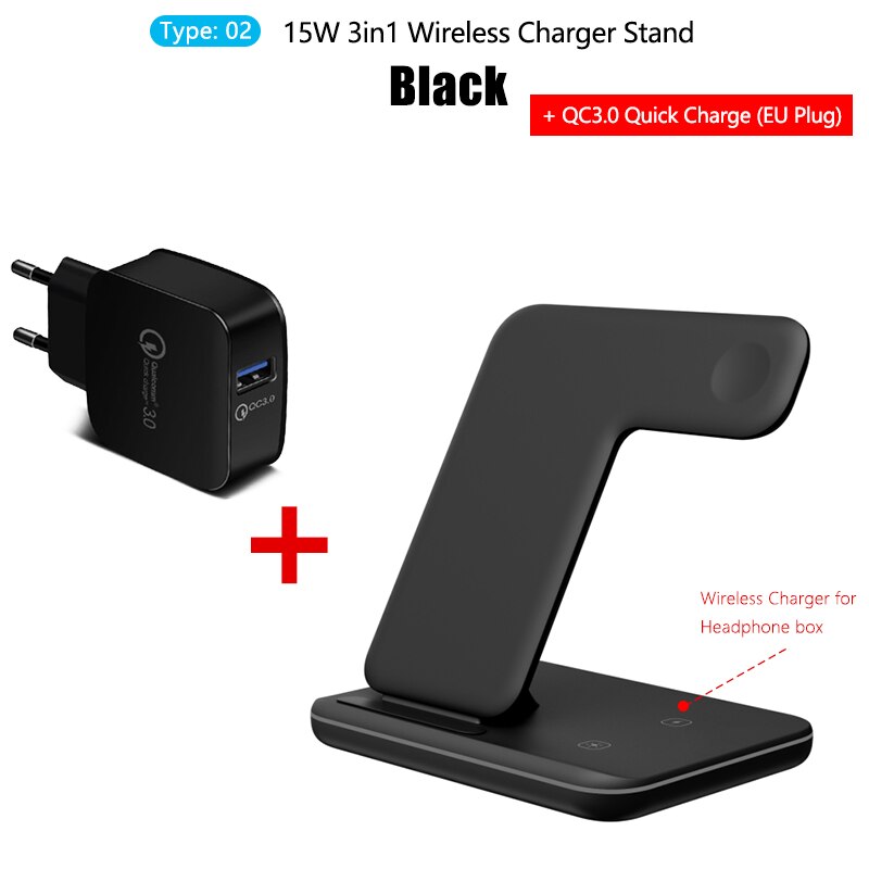 15w 3in1 qi carregador sem fio suporte para iphone 11 xs xr x 8 estação doca de carga rápida sem fio para apple watch 5 4 3 airpods pro 2: Z5A Black and QC3.0