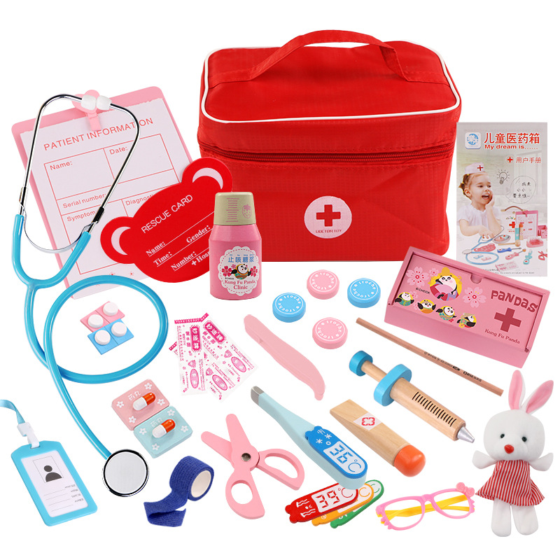 Children's Wooden Simulation Cloth Bag Medicine Box Baby Boy And Girl Family Friendly Simulation Doctor Injection Toy: C