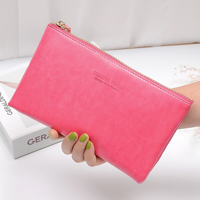 Solid Men Women Wallets PU Leather Bag Zipper Handy Clutch Coin Purse Phone Key Holder Wristlet Portable Travel Handbag: rose