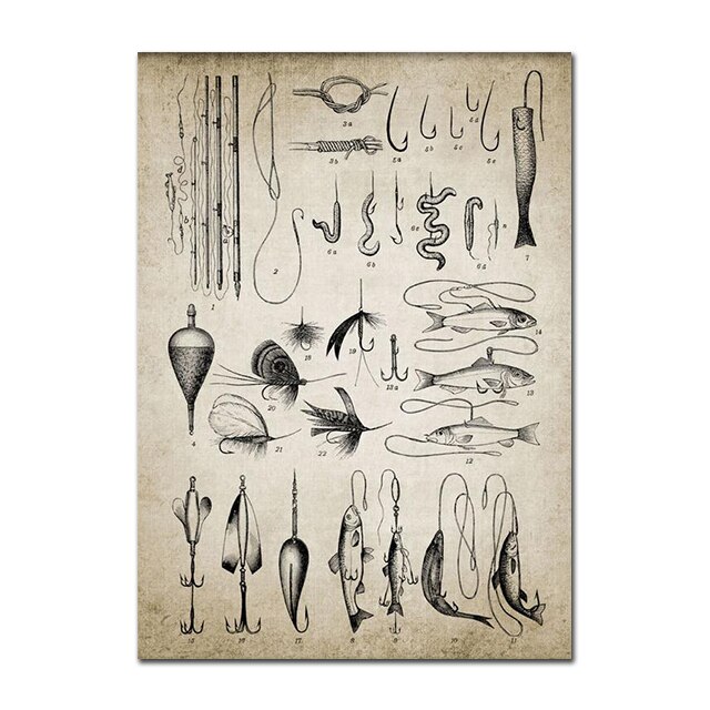 Fishing Lure Illustration Painting Fishing Poster Rod Hooks Wall Art Vintage Poster Angling Poster Kraft paper