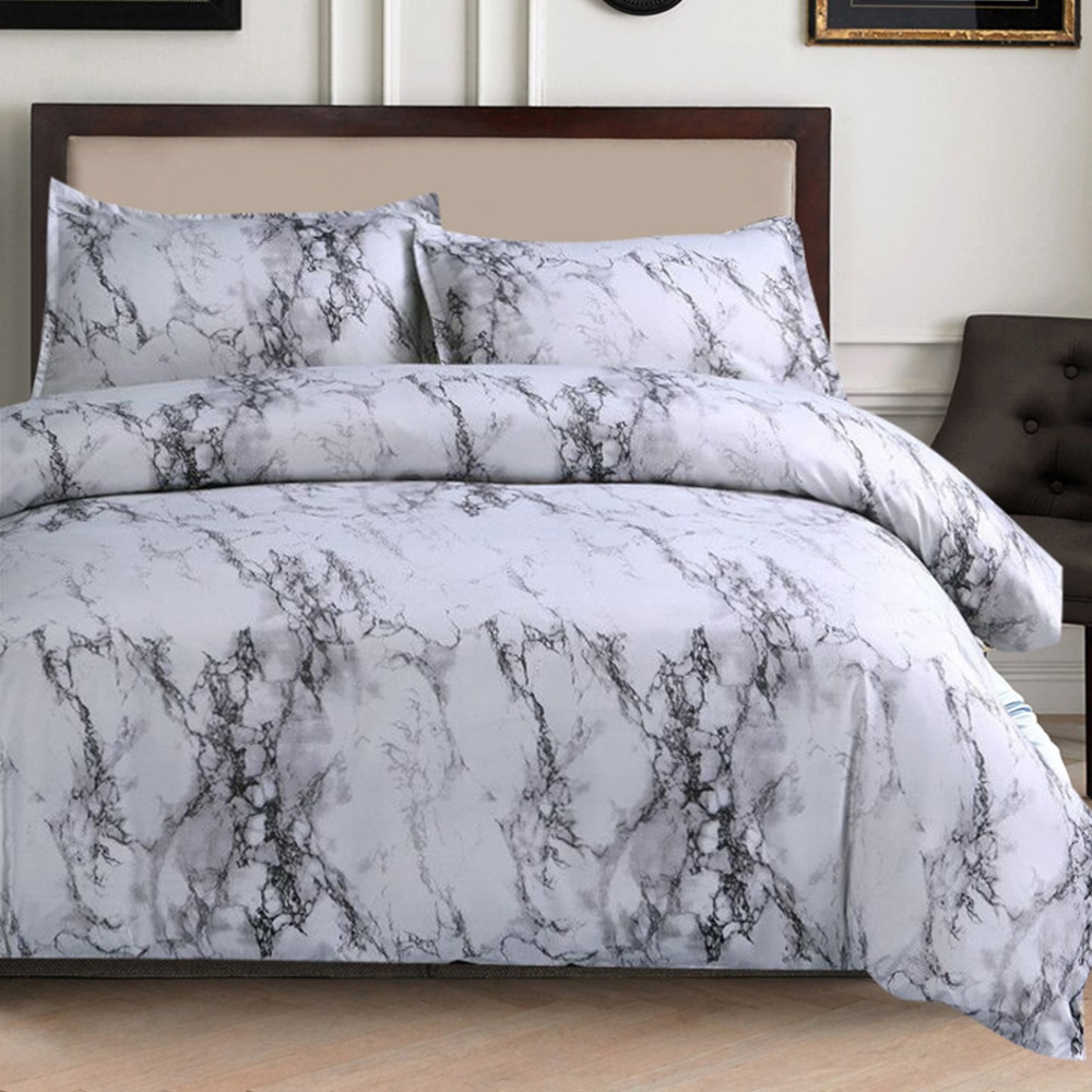 Marmor sengetøjssæt, grå grå sort og hvidt mønster trykt , 2/3 stk/sæt queen size blødt mikrofiber sengetøj med pudebetræk
